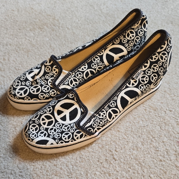 Vans Women's Black and White Peace Loafers - Picture 1 of 8